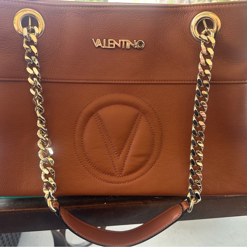 Valentino Brown Tote with Gold Chain Accents